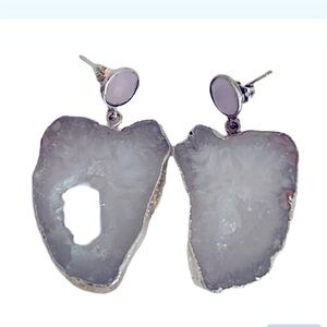 Pink agate slice stone silver earring .925 beautiful!! New
